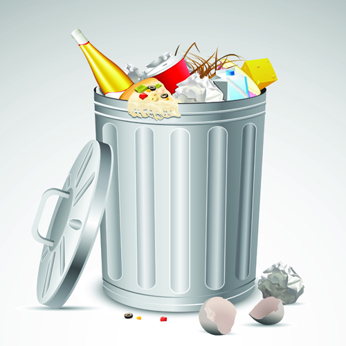 Cartoon image of a trash can with a variety of trash and garbage in and around it